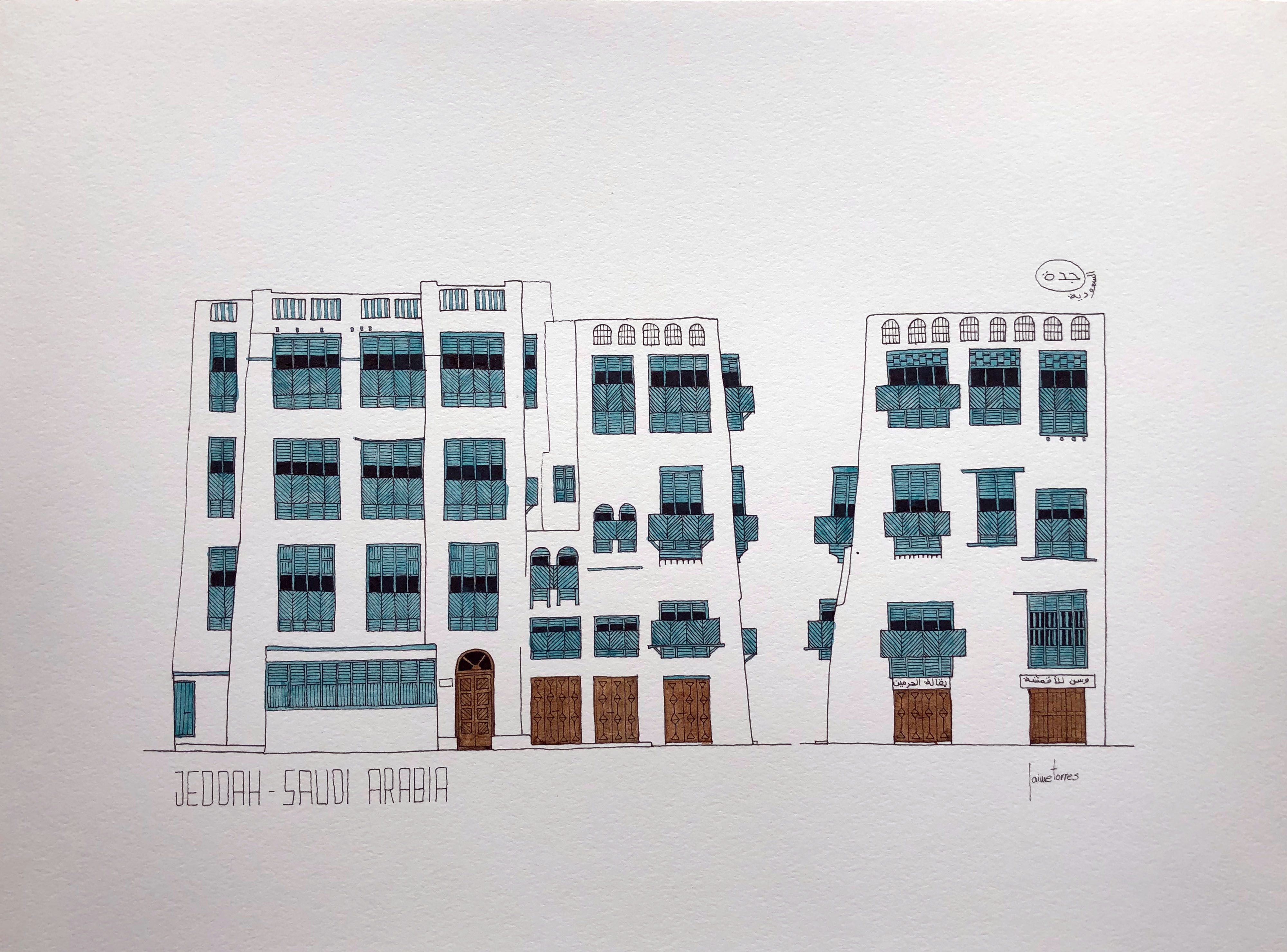 Drawing sketch watercolor of Jeddah AlBalad facade in Saudi Arabia Indian ink and blue color mashrabiyah